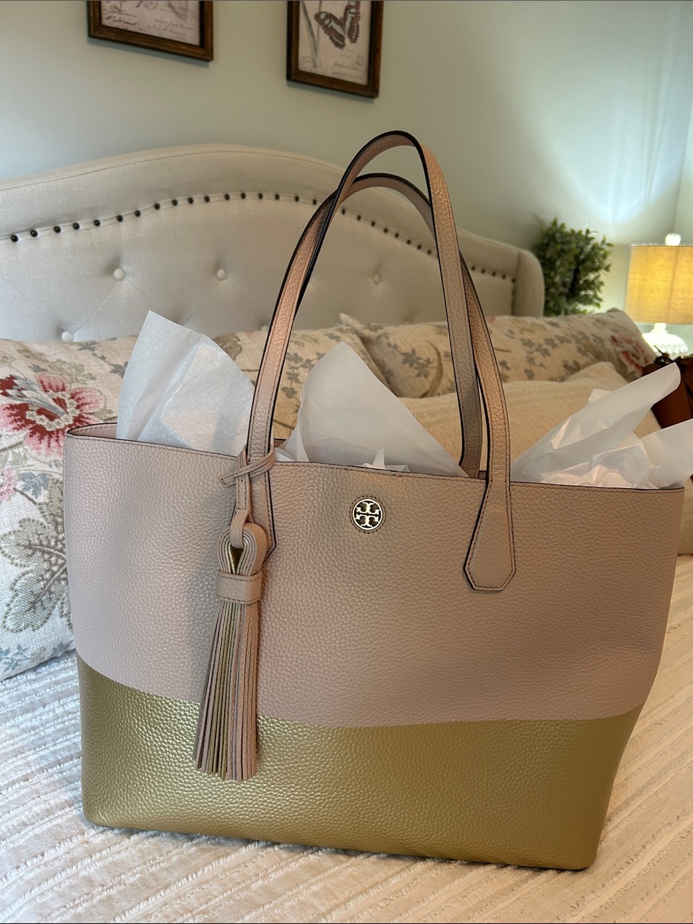 Tory Burch Perry Colorblock Pebbled Leather Tote Blush Pink And Gold EUC